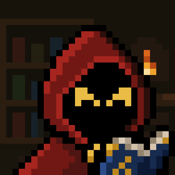 Pixel art character with red hair and dark hooded robe with glowing yellow eyes, set against a dark bookshelf background.