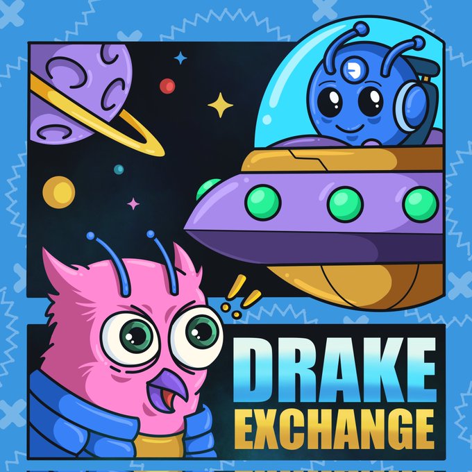A colorful cartoon image features a pink alien-like creature and a blue alien in a spaceship, with the bold text "DRAKE EXCHANGE" displayed, announcing a new partnership with The 10k Squad that grants holders access to Drake's private mainnet.