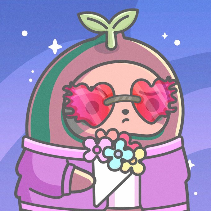 A cute cartoon character wearing a purple hoodie and a green plant-like hood with a sprout, featuring red rose-shaped sunglasses and holding a bouquet of colorful flowers against a starry blue background.