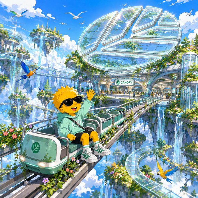 A vibrant anime-style illustration shows a blonde boy with sunglasses riding an open-air train through a futuristic floating city with a 'CANOPY' sign, surrounded by flying macaws and waterfalls.