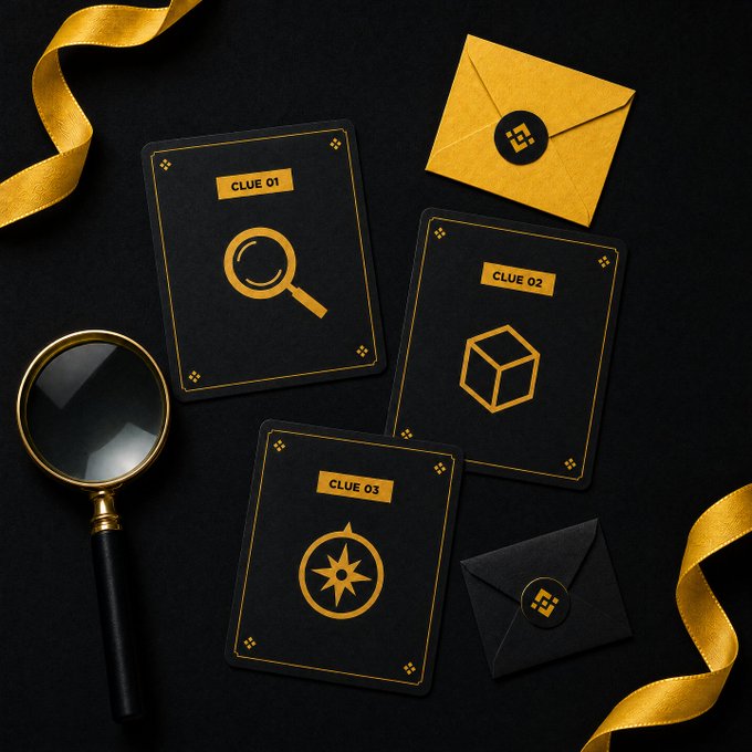 Three black clue cards with gold accents labeled "CLUE 01" (magnifying glass), "CLUE 02" (box), and "CLUE 03" (compass star) are arranged on a black surface alongside envelopes, gold ribbons, and a magnifying glass, fitting the birthday scavenger hunt theme where participants must search for a hidden green candle among the clues.