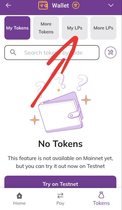 The image shows a Pi Network Wallet app with an empty "My Tokens" tab, displaying "No Tokens" and a "Try on Testnet" button, with a red arrow drawn pointing toward the "My LPs" (Liquidity Pools) tab. This relates to the post by illustrating the wallet's interface for managing liquidity pools, the feature that allows ordinary Pi pioneers without an app or node to become liquidity providers and price makers on the DEX.