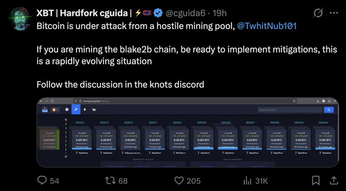 Twitter/X post from 'XBT | Hardfork cguida | 🇵🇷' (@cguida6) warning 'Bitcoin is under attack from a hostile mining pool, @TwhitNub101' with a screenshot of a mining pool interface.