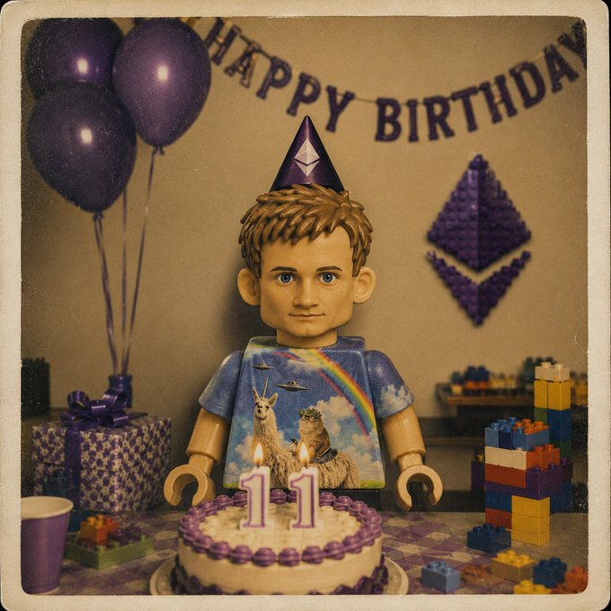A lego-style figurine of a boy with an Ethereum party hat and a shirt featuring a UFO and llamas sits behind a birthday cake with "11" candles, with a 'HAPPY BIRTHDAY' banner and an Ethereum logo in the background.