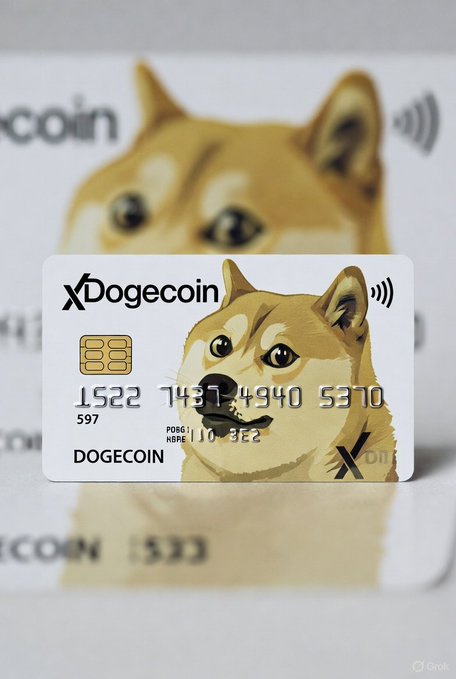 A Dogecoin-branded debit card sits in front of a backdrop featuring the iconic Shiba Inu meme, displaying a card number (1522 7491 4940 5370) and the text "DOGECOIN." The image visually reinforces the message that "Dogecoin is money" by showcasing a physical payment card designed for everyday spending with the cryptocurrency.
