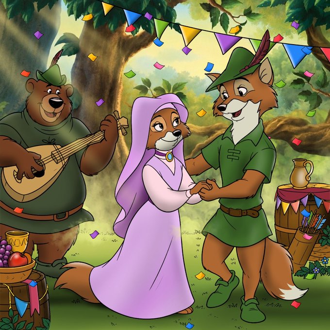 An illustration features a bear playing a lute while two foxes, one wearing a purple dress and the other a green tunic, dance at a forest celebration decorated with colorful bunting.