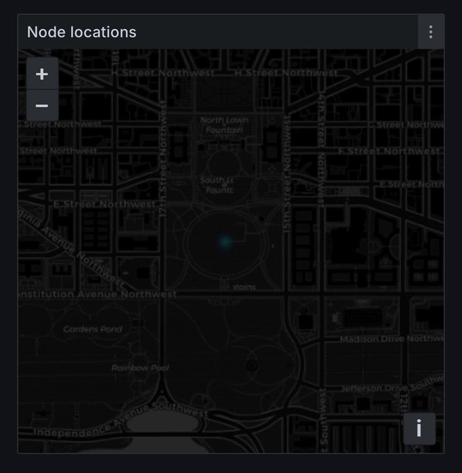 A dark map interface titled 'Node locations' showing streets around the National Mall in Washington D.C., including the Washington Monument and South & North Lawn Fountains.