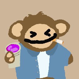 A pixel art illustration of a monkey character with a mustache wearing a blue shirt, holding a purple item.