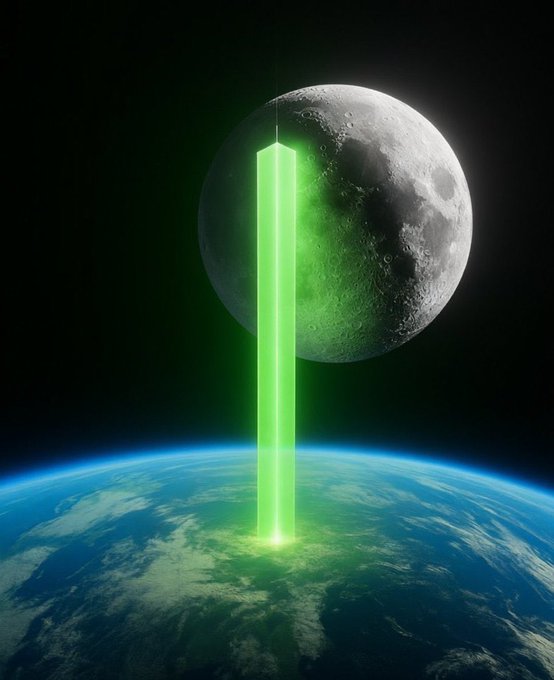 The image features a green laser beam coming out of a tall structure, which appears to be a building or tower. The beam is shining brightly against the dark background, creating an interesting contrast. The caption below the image reads "$CRWV at market open tomorrow:". This suggests that there might be some sort of event happening in the city where the laser beam is emitting from the structure.
