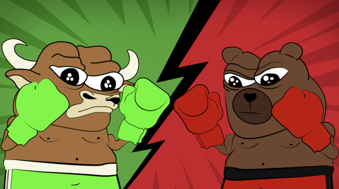 A cartoon illustration of a bull with green gloves facing off against a bear with red boxing gloves, separated by a lightning bolt, symbolizing a stock market battle.