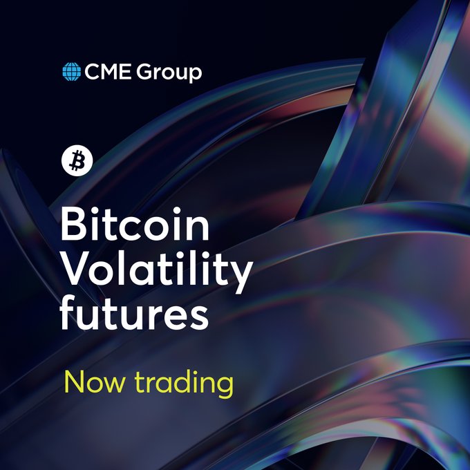 The image features a close-up of a blue and purple swirl pattern with a white "B" in the center. The background of the image is black, which contrasts with the vibrant colors of the swirls. Below the swirls, there is text that reads "Bitcoin Volatility Futures Now trading". This suggests that the image is promoting Bitcoin Volatility Futures as an investment opportunity for those interested in cryptocurrency trading.