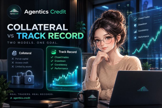 A promotional advertisement for 'Agentics Credit' comparing 'Collateral vs Track Record' with the tagline 'Two Models. One Goal,' featuring an anime-style woman with glasses working on a laptop alongside financial graphics showing closed trades, drawdown, consistency, and performance metrics.