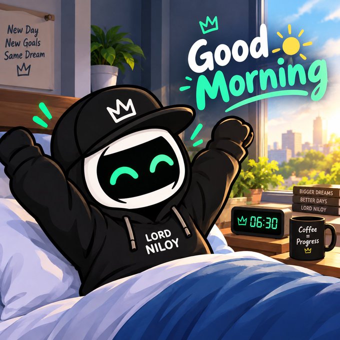 An AI-generated illustration of a cartoon character wearing a black hoodie labeled 'LORD NILOY' stretching in bed, with a 'Good Morning' message, a clock reading 06:30, and a 'Coffee = Progress' mug.