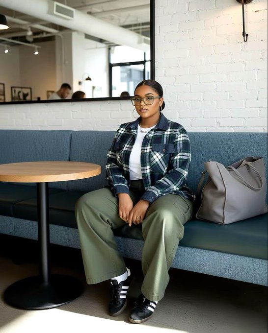 A young woman wearing glasses, a blue plaid flannel shirt, and green pants sits on a blue banquette next to a wooden table in a bright cafe, with a gray tote bag beside her.