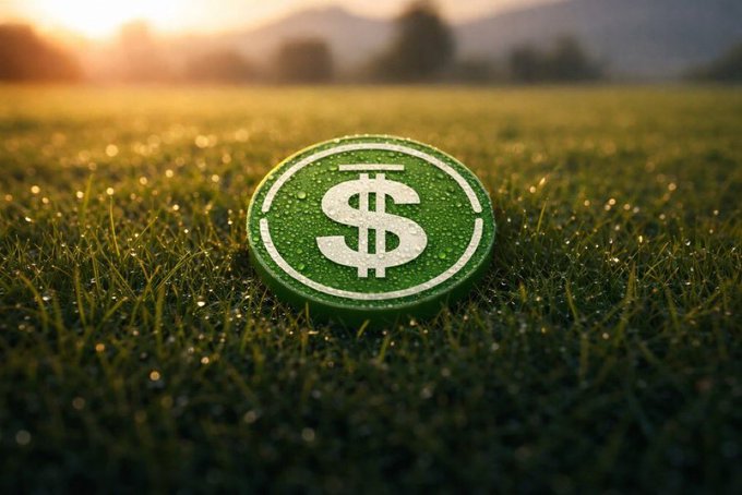 A green coin featuring a white dollar sign symbol rests on dewy grass in a sunlit field at sunset. The image visually reinforces the post's message about decentralized finance, symbolizing the shift away from traditional centralized banking toward a more autonomous financial system embodied by USDD.