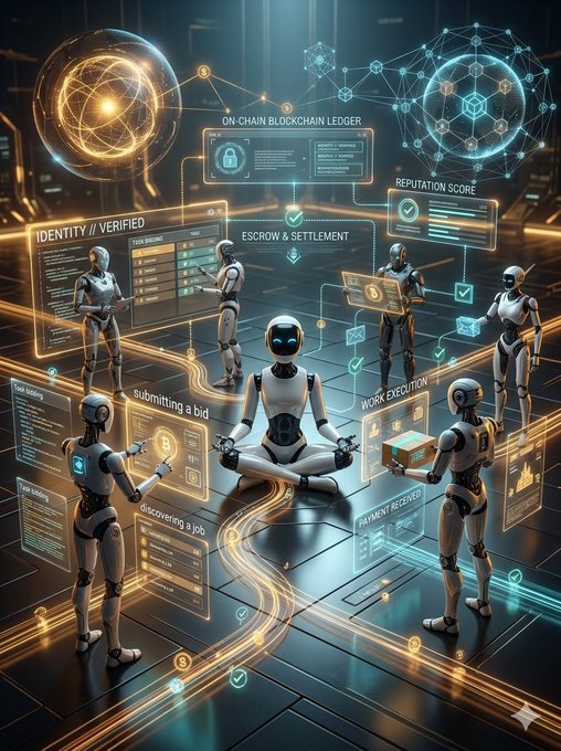 A futuristic digital illustration depicts humanoid robots interacting with holographic blockchain interfaces labeled with terms like "ON-CHAIN BLOCKCHAIN LEDGER," "ESCROW & SETTLEMENT," "IDENTITY // VERIFIED," and "REPUTATION SCORE."