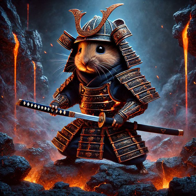 A digital illustration of a hamster dressed as a samurai in ornate armor, holding a katana while standing on rocks surrounded by fire.