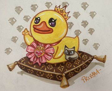 A colorful illustration of a yellow rubber duck wearing a gold crown and a pink bow with a heart gem, sitting on a brown Louis Vuitton monogrammed pillow with tassels, accompanied by a small grey cat; signed 'PRIYANKA' in orange.