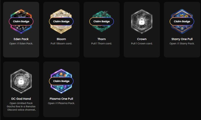 The image displays a collection of 7 digital badges or collectibles from Renaiss, including "Eden Pack," "Bloom," "Thorn," "Crown," "Starry One Pull," "DC God Hand," and "Plasma One Pull," with most marked as "Claim Badge." This aligns with the post claiming 7 SBT (Soulbound Tokens) collected, showcasing the user's recent rewards from the platform.
