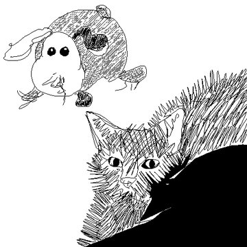 A black and white sketch featuring a small panda-like creature with floppy ears and a long tail at the top, and a detailed cat with spiky fur in the lower right.