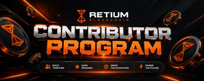 Promotional banner for Retium Blockchain's Contributor Program, featuring bold orange and silver text alongside the Retium logo, with key benefits listed: "Build Together," "Earn Rewards," "Grow the Ecosystem," and "Power the Future." The graphic supports the post's call to join Retium Chain's content creation initiative on Discord for the L1 project.