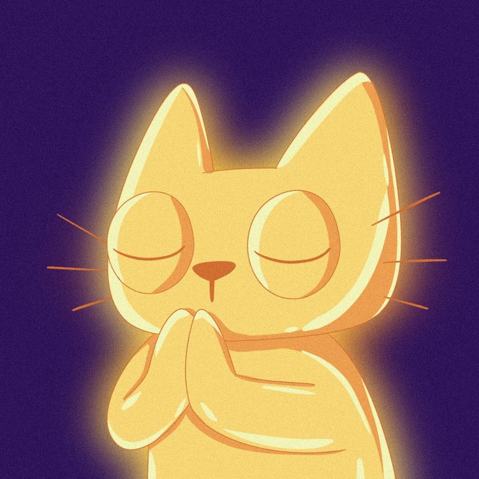 A simple, cartoon-style drawing of a yellow cat with its eyes closed and paws clasped together as if praying, set against a solid dark blue background.