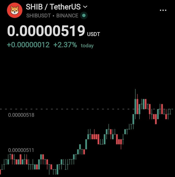 A cryptocurrency price chart showing the SHIB/TetherUS (SHIBUSDT) trading pair on Binance at 0.00000519 USDT, up +2.37% (+0.00000012) for the day, displaying green and red candlesticks on a dark background.