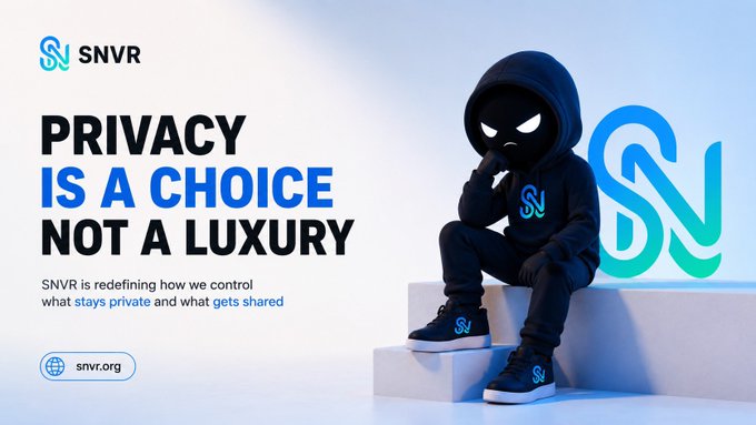 Marketing banner for 'SNVR' with the slogan 'PRIVACY IS A CHOICE NOT A LUXURY', featuring a hooded character with a blacked-out face sitting on white blocks, alongside the SNVR logo and the URL snvr.org.