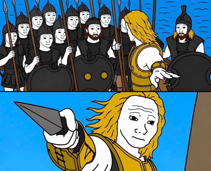 A two-panel meme showing a golden-haired warrior pointing a spear at soldiers, then holding up a blade with a determined expression.