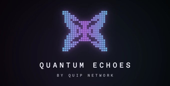 A logo for 'QUANTUM ECHOES BY QUIP NETWORK' featuring a stylized 'X' made of blue and purple pixelated blocks on a dark background.