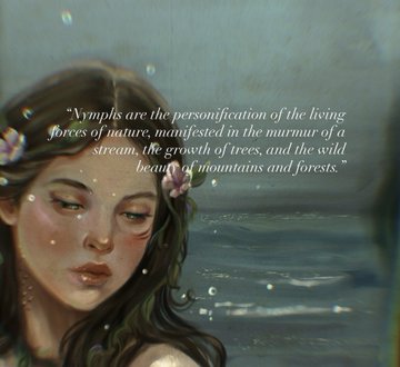 A painting of a serene woman's face with flowers in her hair, overlaid with the text: 'Nymphs are the personification of the living forces of nature, manifested in the murmur of a stream, the growth of trees, and the wild beauty of mountains and forests.'