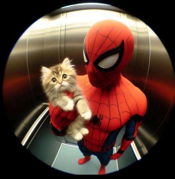 Spider-Man in his classic red and blue suit holding a small tabby kitten while standing in a metallic cylindrical space, viewed through a fisheye lens.