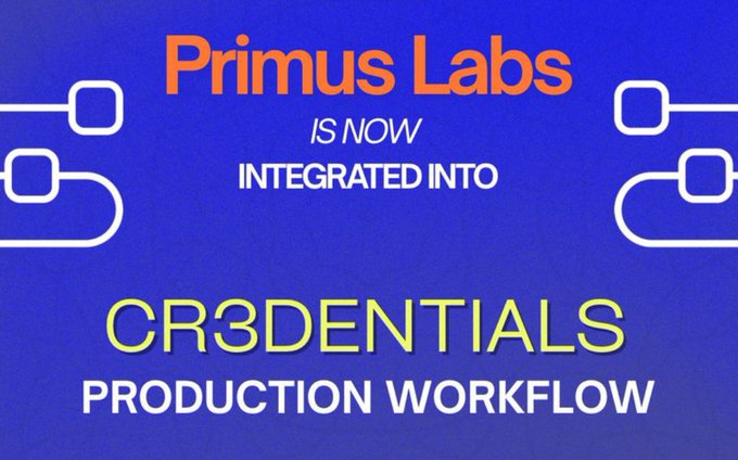 A graphic announcement on a blue background reading 'Primus Labs IS NOW INTEGRATED INTO CR3DENTIALS PRODUCTION WORKFLOW'.