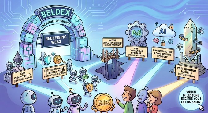 A colorful infographic about BELDEX cryptocurrency features various technological milestones including 'REDEFINING WEB3', 'EVM COMPATIBILITY (SEAMLESS dApps)', 'EXTENSION WALLET & PRIVACY TOKEN (ULTIMATE PROTECTION)', 'NATIVE CROSS-CHAIN BRIDGE', 'PoS', 'VRF CONSENSUS UPGRADE', 'AI INFRASTRUCTURE', and 'POST-QUANTUM SECURITY', with a BDX coin at the center and the text 'WHICH MILESTONE EXCITES YOU? LET US KNOW!'