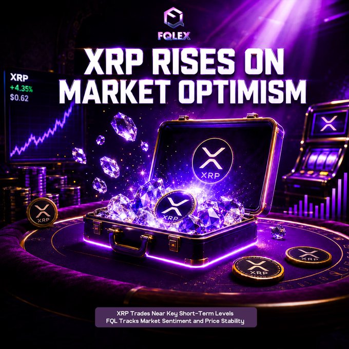 The image features a purple background with gold text that reads "FQL: XRP Rises on Market Optimism XRP Gains as Risk Sentiment Improves US-Iran Peace Deal Boosts Market Confidence". The image also includes a suitcase filled with diamonds and other jewels, which is placed in the foreground. The suitcase has a lock on it, indicating that its contents are valuable or secure.