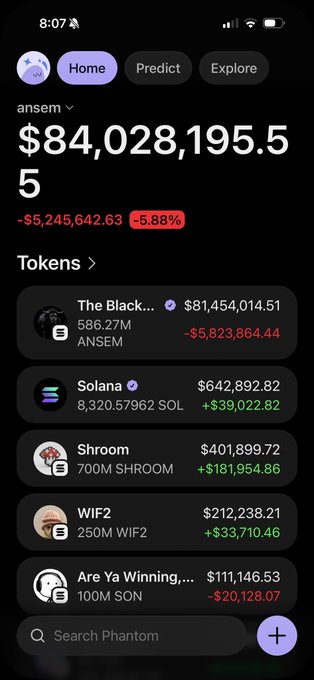 A Phantom wallet screenshot shows the "ansem" portfolio worth $84,028,195.55, down 5.88% ($5,245,642.63), with WIF2 ($212,238.21) holding among the holdings alongside tokens like "The Black...", Solana, Shroom, and "Are Ya Winning..." — visually confirming the post's claim about WIF2 holding strong in the ansemfolio.