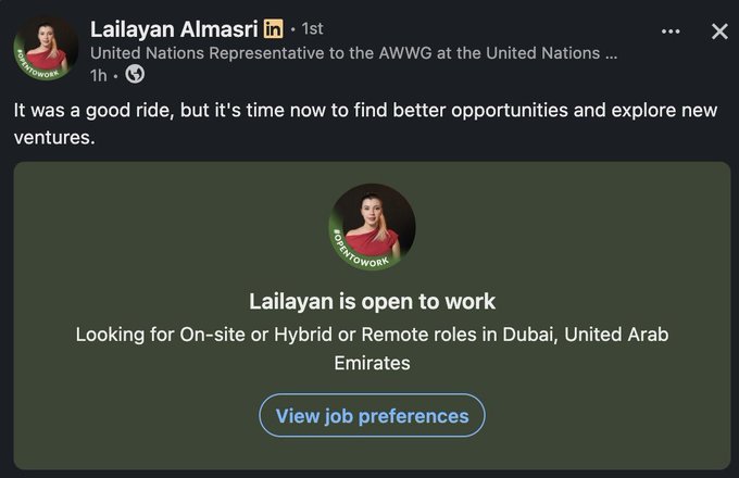Lailayan Almasri, a United Nations Representative, announces on LinkedIn that she is "open to work" and seeking on-site, hybrid, or remote roles in Dubai, UAE, following her departure from Funding Pips. The post includes a "View job preferences" button alongside her profile photo featuring an "OpenToWork" badge.