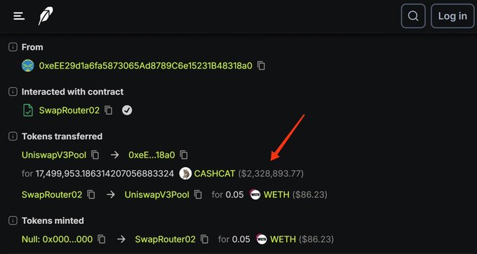 A blockchain transaction explorer page shows details of an interaction with the SwapRouter02 contract, including token transfers involving CASHCAT ($2,328,893.77) and WETH ($86.23), with a red arrow pointing to the transfer.