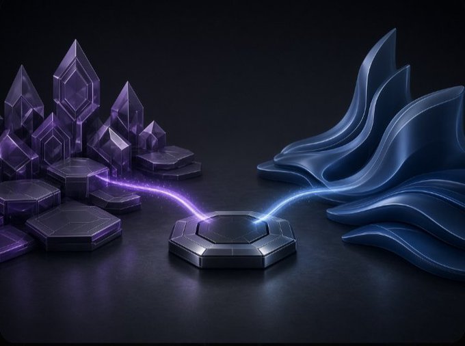A stylized 3D graphic showing purple crystalline Ethereum-themed structures on the left and a blue wave-like Solana logo on the right, connected by glowing energy streams to a central hexagonal device.