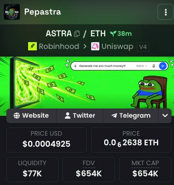 A cryptocurrency tracking interface for the token 'Pepastra' (ASTRA / ETH) showing a price of $0.0004925 and a market cap of $654K, referencing Robinhood and Uniswap v4.