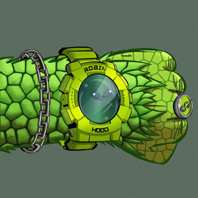 A digital illustration features a green scaly wrist wearing a yellow-green G-SHOCK watch labeled 'ROBIN' and 'HOOD', with a matching ring and silver chain bracelet.