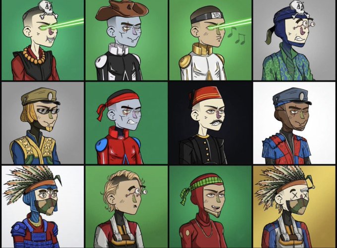 A 4x3 grid of 12 cartoon-style character portraits featuring young people with various headbands, hats, hats, and colorful outfits against green and dark backgrounds, some with anime-style eyes.