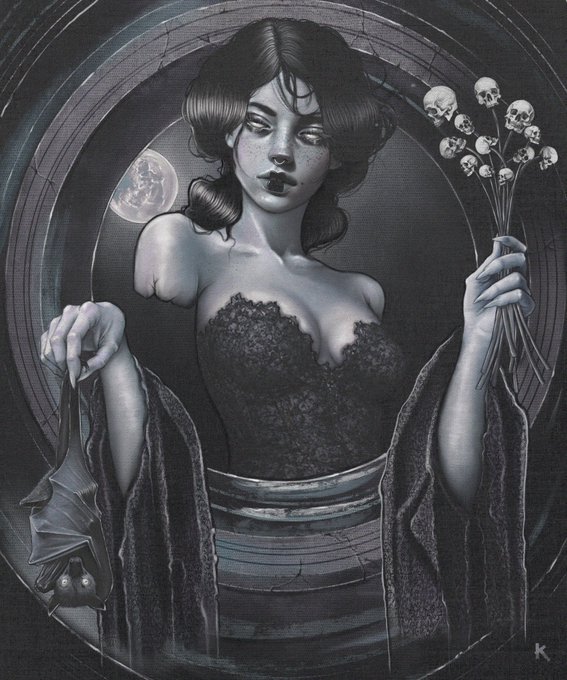 A gothic-style digital illustration of a dark-haired woman in a black lace corset dress, holding a bouquet of skull flowers and a small bat, framed within a circular mirror-like border.