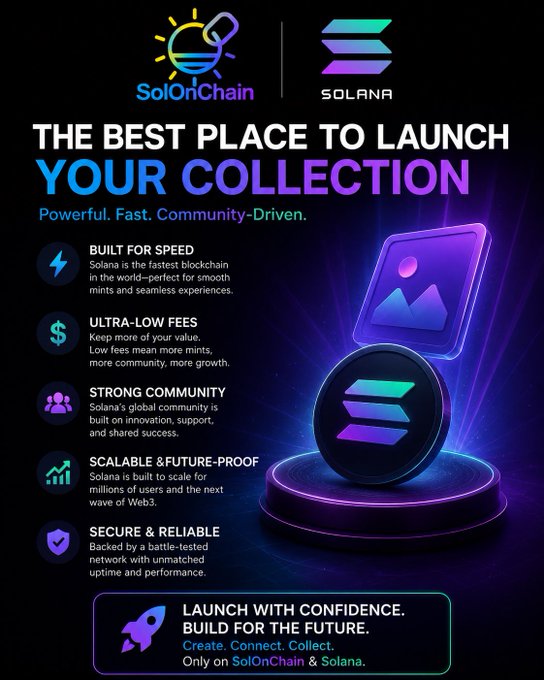 A promotional graphic for 'SolOnChain & Solana' advertising 'THE BEST PLACE TO LAUNCH YOUR COLLECTION,' highlighting features like Built for Speed, Ultra-Low Fees, Strong Community, and Secure & Reliable.