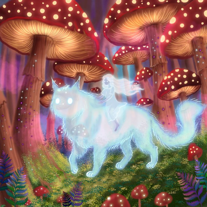 Fantasy digital artwork depicting a glowing white wolf-like creature with a spectral female rider, surrounded by large red mushrooms with glowing spots in a magical forest.