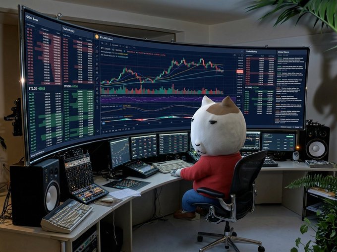 An AI-generated image of an anthropomorphic hamster character in a red shirt sitting at a multi-monitor trading workstation displaying candlestick charts, order books, and market data in a detailed home office setup.