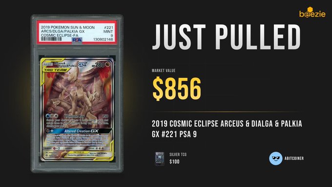 A thumbnail image showing a graded PSA 9 2019 Cosmic Eclipse Arceus & Dialga & Palkia GX Pokemon card with a market value of $856.
