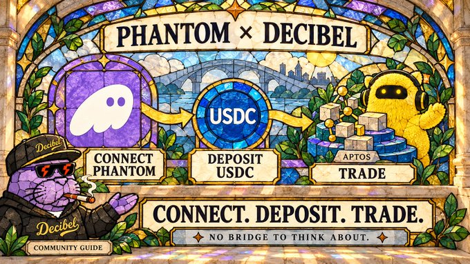 A stained glass-style illustration advertising 'PHANTOM x DECIBEL' with text 'CONNECT. DEPOSIT. TRADE.' and 'NO BRIDGE TO THINK ABOUT', showing a flow from a Phantom wallet to USDC to trading on Aptos, featuring cartoon characters.