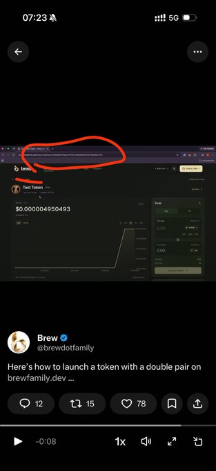 A mobile screenshot of a Twitter/X video post by user 'Brew' (@brewdotfamily) demonstrating how to launch a token with a double pair on brewfamily.dev, showing a token labeled 'brewdotfamily' with a massive numerical value.