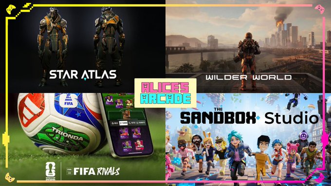 The image features four different posters for video games, with each poster showcasing a unique game title. The first poster displays a Star Atlas advertisement, while the other three posters showcase various game titles such as "Wilder World", "The Sandbox Studio", and "AI enemies". These posters are arranged in two rows of two, creating an organized layout that highlights the different games available for players to enjoy.